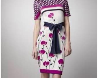 598 TORY BURCH Silk Jersey Floral Geometric T-Logo Sheath Dress Large Magenta
