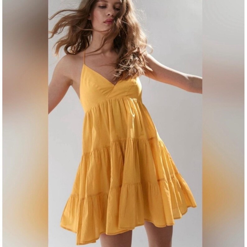 Urban Outfitters UO Yellow Fieldstone Tier Lattice Back Mini Dress M Cottagecore image 2