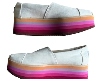TOMS Alpargata Platform Espadrille Shoes White Canvas Rainbow Wedge Sole Size 5