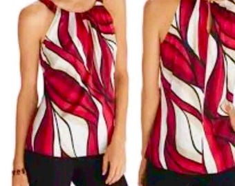 WHBM White House Black Market Silk Stretch Halter Top Red Blk Abstract SIZE 6
