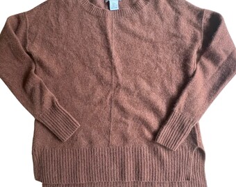 Rachel Zoe Women's 100% Cashmere Crewneck Sweater SMALL Brown High-Low Hem