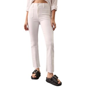 May include: High-waisted white denim jeans featuring a straight-leg cut, front patch pockets, and a raw, frayed hemline. The pants are paired with black slide sandals that have a thick strap and a prominent silver-toned metal buckle detail.