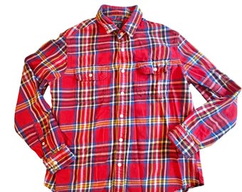 American Eagle Red Plaid Flannel Button Down Shirt Cotton Mens L Cabincore