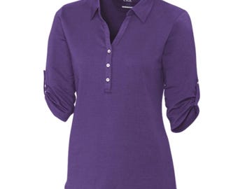 Cutter & Buck Purple DryTec Cotton Roll Tab Elbow Sleeve Thrive Polo Shirt Wmn L