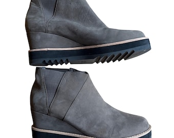 EILEEN FISHER Gray Suede Wedge Ankle Booties Chelsea Boots Lug Sole Women's 9.5
