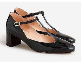 248 J.CREW Millie Zapatos de tacón de bloque con tira en T de charol negro, talla 10, punta almendrada