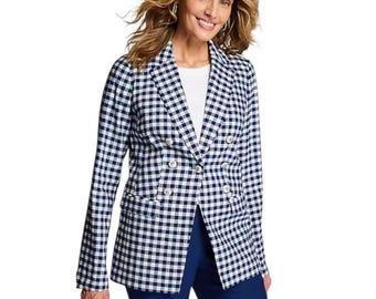 169 J. Jill Wmns Navy Blue Gingham Double Breasted Crest Button Blazer Sz SMALL