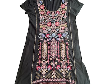 180 JOHNNY WAS Frédérique Vestido Túnica de Algodón Bordado Floral Negro Cottage S