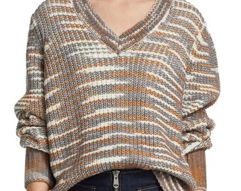 CINQ a SEPT Amalie Cinnamon Multi Suéter GRANDE Cuello en V Rayas de Punto Grueso