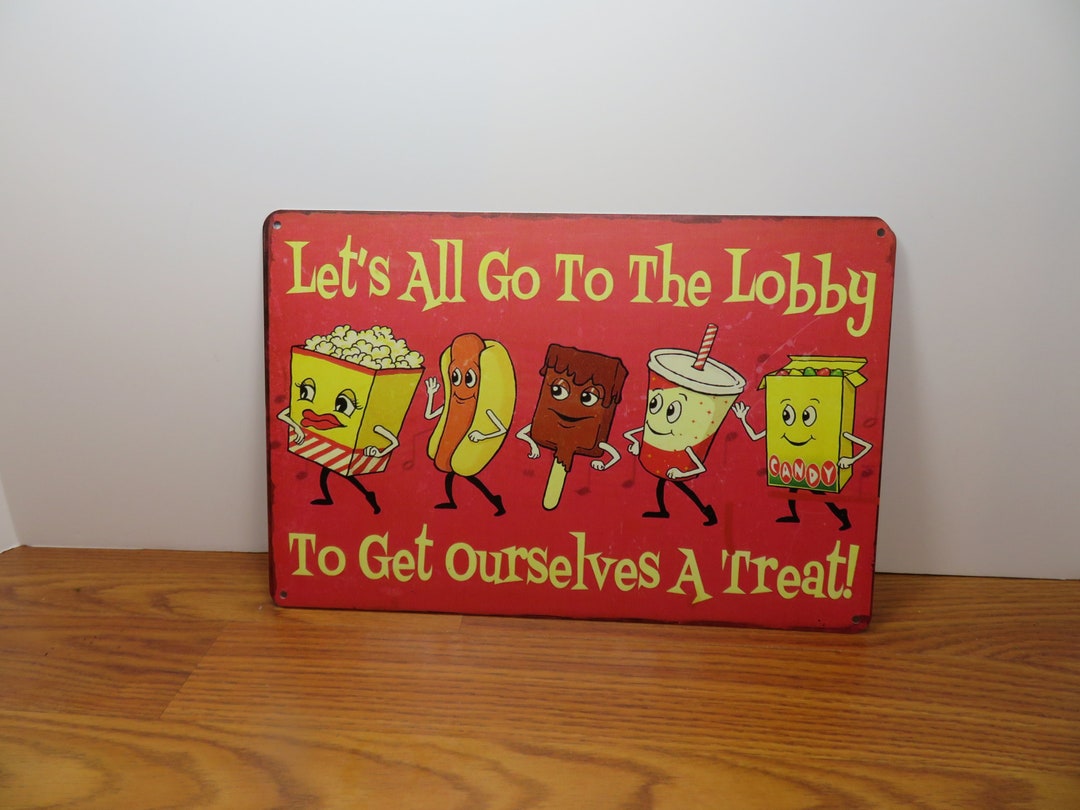 P 13 Tin Sign Vintage Let's All Go to the Lobby Theater Sign New Old ...