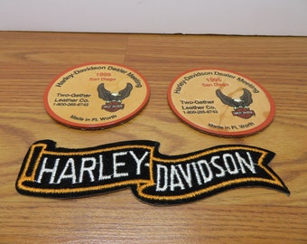 T 84 Harley Davidson Leather Coasters (2) Made In Fort Worth Texas & Sew On Harley Patch New Old Stock