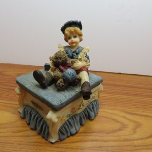 T 82 Trinket Box Victorian Era Boy With Teddy Bear & Ball - Resin - Vintage