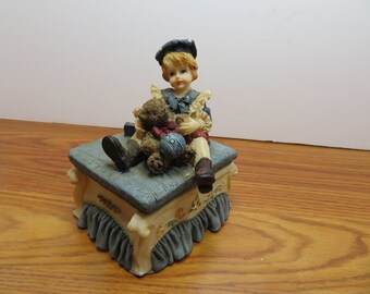 T 82 Trinket Box Victorian Era Boy With Teddy Bear & Ball - Resin - Vintage