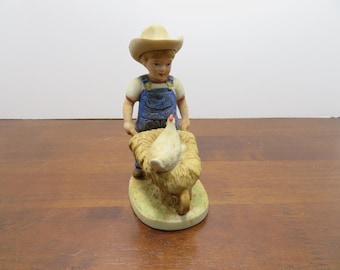 T 712 Vintage Homco 1985 Denim Days Porcelain #1501 Morning Chores - No Chips Or Cracks - New Old Stock - 3" W x 4 1/2" H