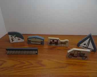 F 153 Vintage 1994 Cat's Meow Wooden Village Hand Painted (6) Piece - Skiing, College, US Mail, Baggage, Fence, Sail Boat - New Old Stock