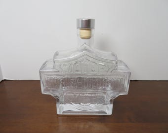 F 328 Bikers Whiskey Etched Thick Glass Decanter With Biker Logo - 1980's Brand New Old Stock