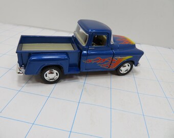 MH 451 5" Die- Cast 1955 Chevy Stepside Pick-up Pull Back With Flames - Brand New Old Stock Blue