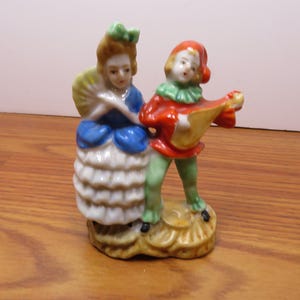 T 491 Vintage 1970&#39;s Made In Japan Woman & Man Playing An Instrument Ceramic Figurine Mint Condition No Chips Or Cracks
