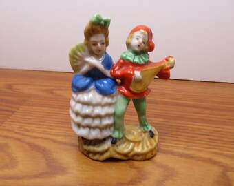 T 491 Vintage 1970's Made In Japan Woman & Man Playing An Instrument Ceramic Figurine Mint Condition No Chips Or Cracks
