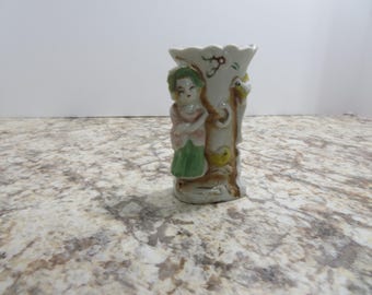 P 335 Vintage Ceramic 1960's Bud Vase Hand Painted With Woman & Bird Japan No Chips Or Cracks