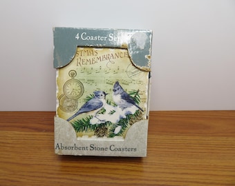 T 936 Vintage 1980's Highland Absorbent Stone Coasters Set Of (4) With Cork Backing/Hand Painted Birds - Brand New Old Stock 3.5" x 3.5"