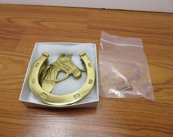 T 311 Solid Brass Horse Shoe With Horse Head Door Knocker With Hardware - Put On Your Home Door Or Stall Door - New Old Stock