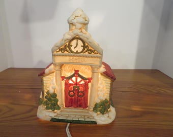 F 336 Vintage Brinn's Dickens Village 1990's Porcelain School House Hand Painted - Lighted No Chips Or Cracks - Like New