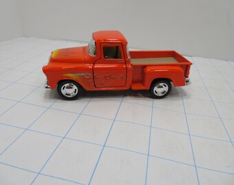MH 452 5" Die- Cast 1955 Chevy Stepside Pick-up Pull Back With Flames Brand New Orange