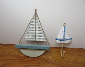 F 136 Vintage 1980's Metal & Wooden Sailboat With Wall Hook All Hand Painted And Handmade - Great For The Beach Home or Nautical Decor