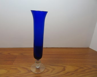 T 492 Cobalt Vase Bohemian Czech Glass Cut To Clear Base 8" Tall With Etched Floral Design In Glass Hard To See In Pictures - Mint