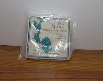 T 784 Vintage 1990's Lake James Indiana Set Of (3) Coaster Wets Stones With Cork Backing - Nautical Lake Map Face - Brand New Old Stock