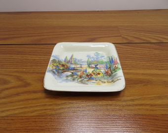 F 185 Vintage 1930's In An Old World Garden  Sandland Ware Hanley England 4" Square Trinket Tray - Bone China - Gold Trim No Chips Or Cracks
