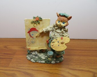 T 447 Vintage 1990's Resin Cat Artist Painting Another Cat Session Mint No Chips Or Cracks