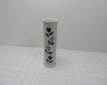 H 434 Vintage Porcelain Flower Vase 7" Tall Tubular Purple, Pink Blue 1988