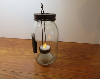 H 767 1990's Hanging Jar Lantern Handmade With Western Star Lid - Brand New Old Stock - Battery Operated Candle Included