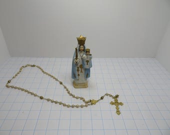 F 43 Vintage Madonna & Baby Jesus 1980 Porcelain Sanmyro Japan Figurine - No Chips Or Cracks Also Includes Gold Rosary - In Original Box