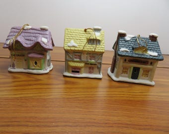 F 119 Set Of (3) Reader Digest Dickens Christmas Ceramic/Porcelain 1992 Ornaments - Queens Inn, The Grocer, The Baker, - No Chips or Cracks