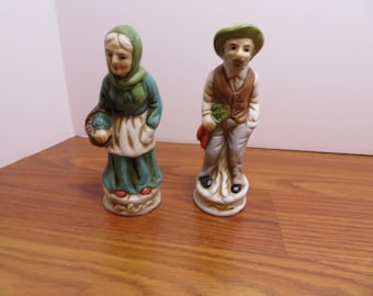 T 414 Vintage Hand Painted Porcelain Old Man & Woman4 1/2" Tall - No Chips Or Cracks - 1984 Mint Brand New Old Stock