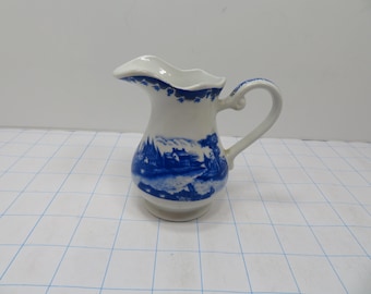 H 498 Vintage Country  Pitcher 4" H x 3" W - With Blue Floral Designs & Country Farm Settings Like New - No Chips Or Cracks - Beautiful