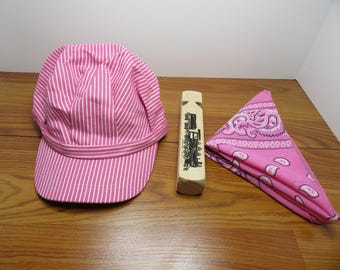 Girl's Classic Striped Train Engineer's / Brakeman's Hat Kit In PINK! Includes Whistle & Bandana - With Adjustable Strap In Back Of Hat