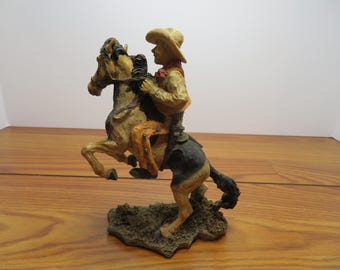 T 832 Vintage 1980 Cowboy On Spirited Horse Ready To Hit The Trail - Stone Resin Excellent Condition Like New