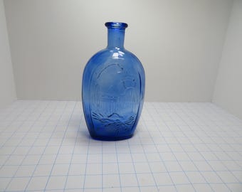F 64 Vintage Cobalt Blue 1980's Lady Liberty & Eagle Glass Decanter No Chips Or Cracks