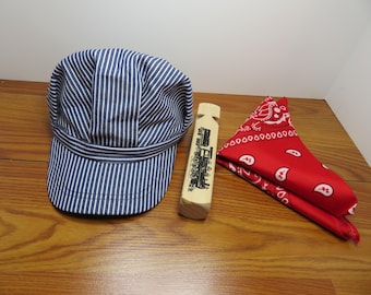 Boy's Classic Striped Train Engineer's / Brakeman's Hat Kit! Includes Whistle & Bandana - With Adjustable Strap In Back Of Hat