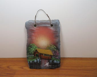 T 443 Vintage 1970's Hand Painted Covered Bridge Scene On Real Roof Slate - From Amish Country Ohio - Mint Condition No Chips Or Cracks