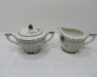 Lefton China 25th Anniversary Sugar Bowl Creamer 280N White Silver Porcelain