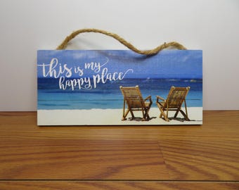 F 125 Vintage 1980's Wooden Hand Pianted This Is My Happy Place Sign Wall Hanging - Great For Beach Home - Mint Condition - 10"L x 4 1/2" W