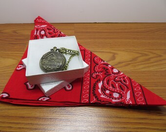 WB Train Quartz Conductors Pocket Watch Antique Brass With 12" Chain & Engineer's Red Bandana - New Old Stock - Lithium Battery Powered