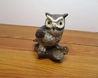 T 600 Vintage 1970 Norleans Ceramic/Porcelain Owl Figurine On Log - Japan No Chips Or Cracks Mint
