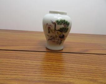 T 956 Vintage 1970's Porcelain Chinese Vase With Flora designs, Trees, And Cranes - No Chips Or Cracks