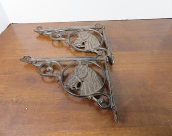 F 308 Set Of (2) 1970 Solid Heavy Duty Metal Horse Head Shelving Brackets  Pre-Drilled Ready To Mount - Great Condition - Use In Stable/Home